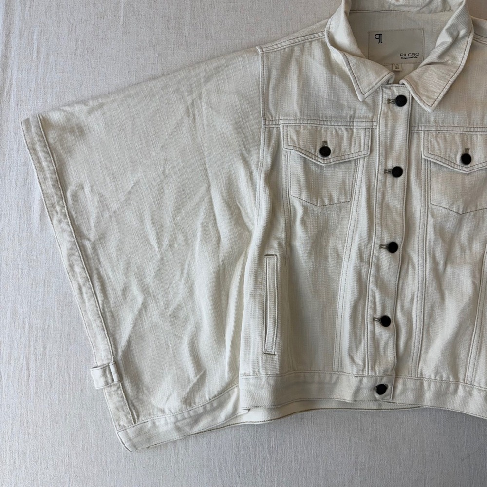 NWT Pilcro Anthropologie Weston Cape Denim Jacket Women L/XL Ivory Oversized - Picture 11 of 16